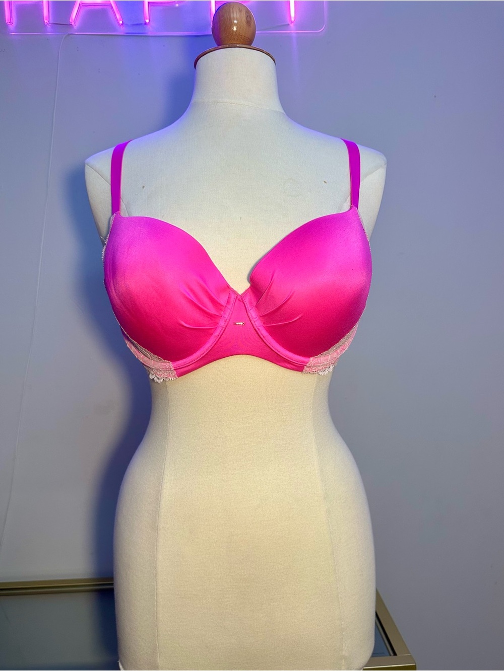 Victoria's Secret Lined Demi Bra Hot Pink Lace Rhinestone Details Size 38D